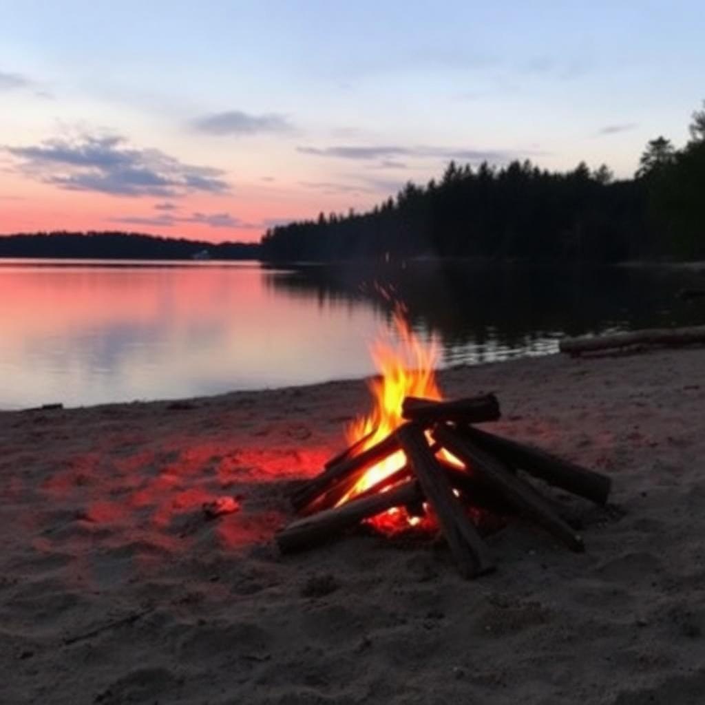 Bonfire by the lakeside at dusk